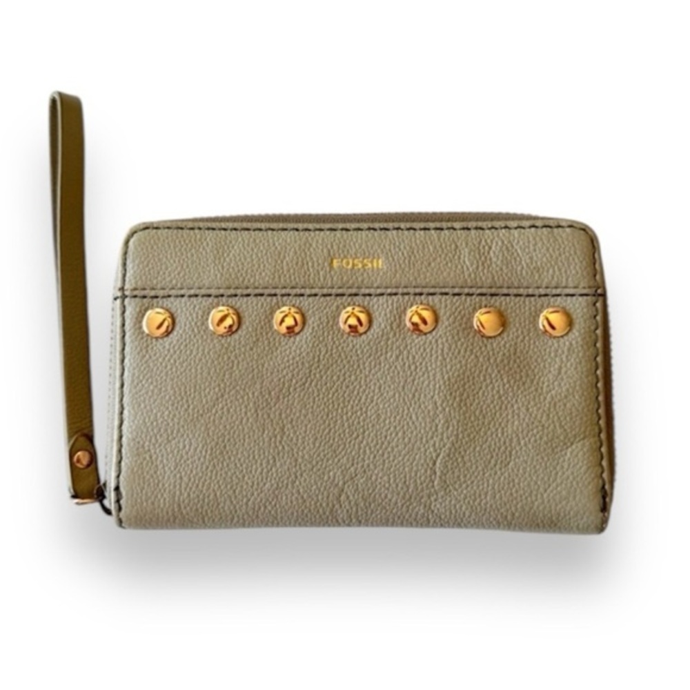 Fossil JORI RFID Tech Wallet Wristlet Taupe‎ Gray w/ Rose Gold Rivets Zip Around